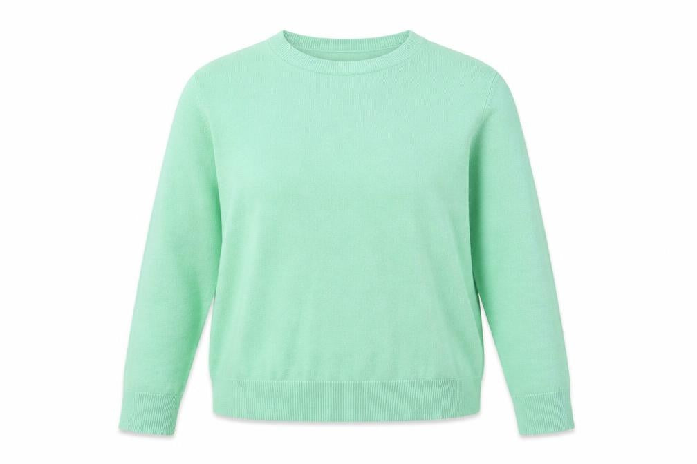 Front view of Marks & Spencer women’s green round neck polyester jumper, size UK 14
