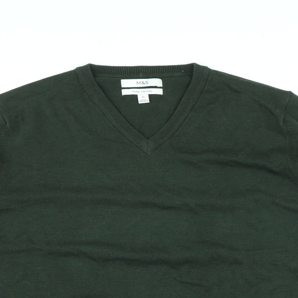 Marks and Spencer Mens Green V-Neck Cotton Pullover Jumper Size XL Long Sleeve