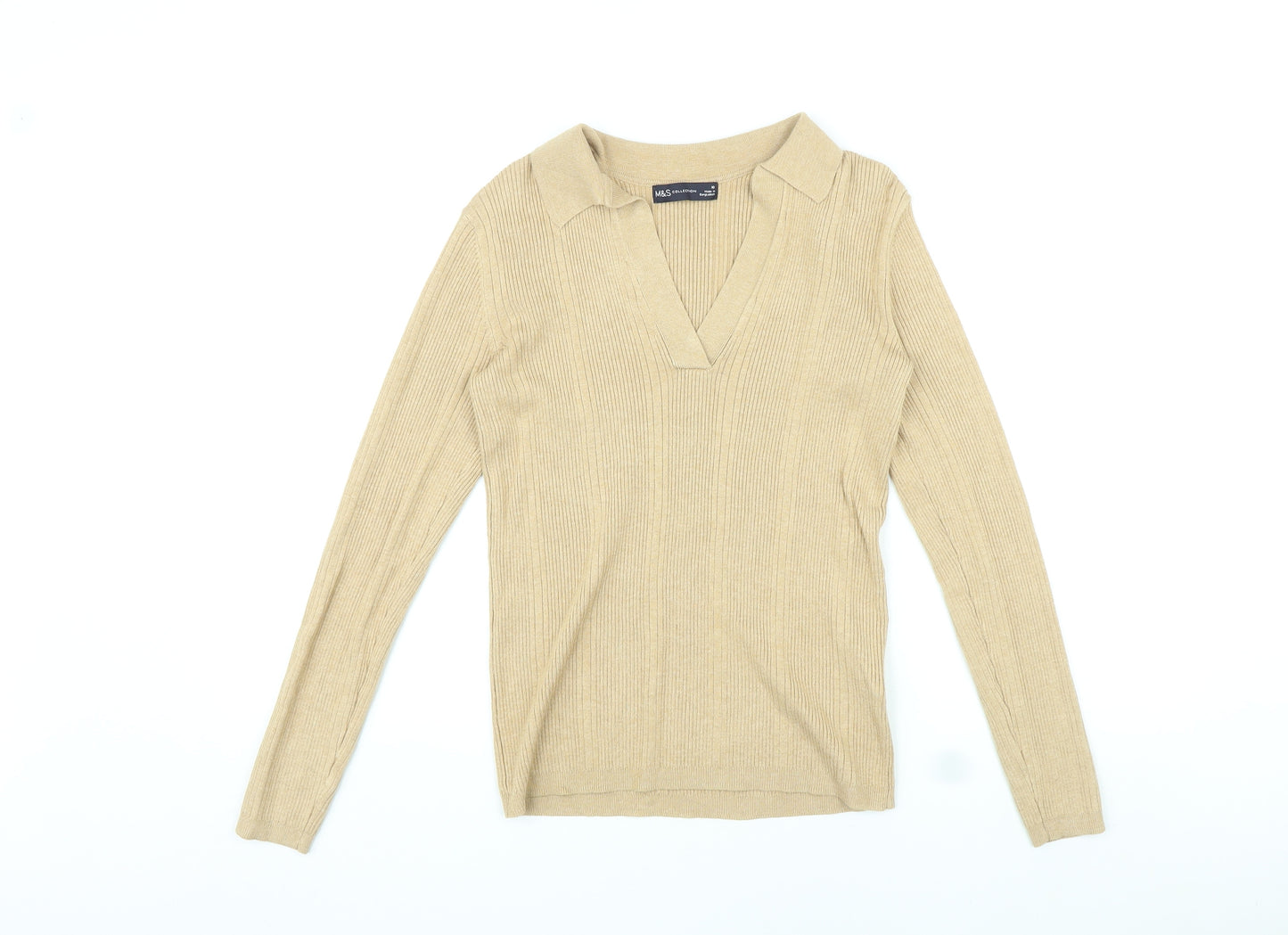 Marks and Spencer Womens Beige Viscose Basic T-Shirt Size 10 Collared