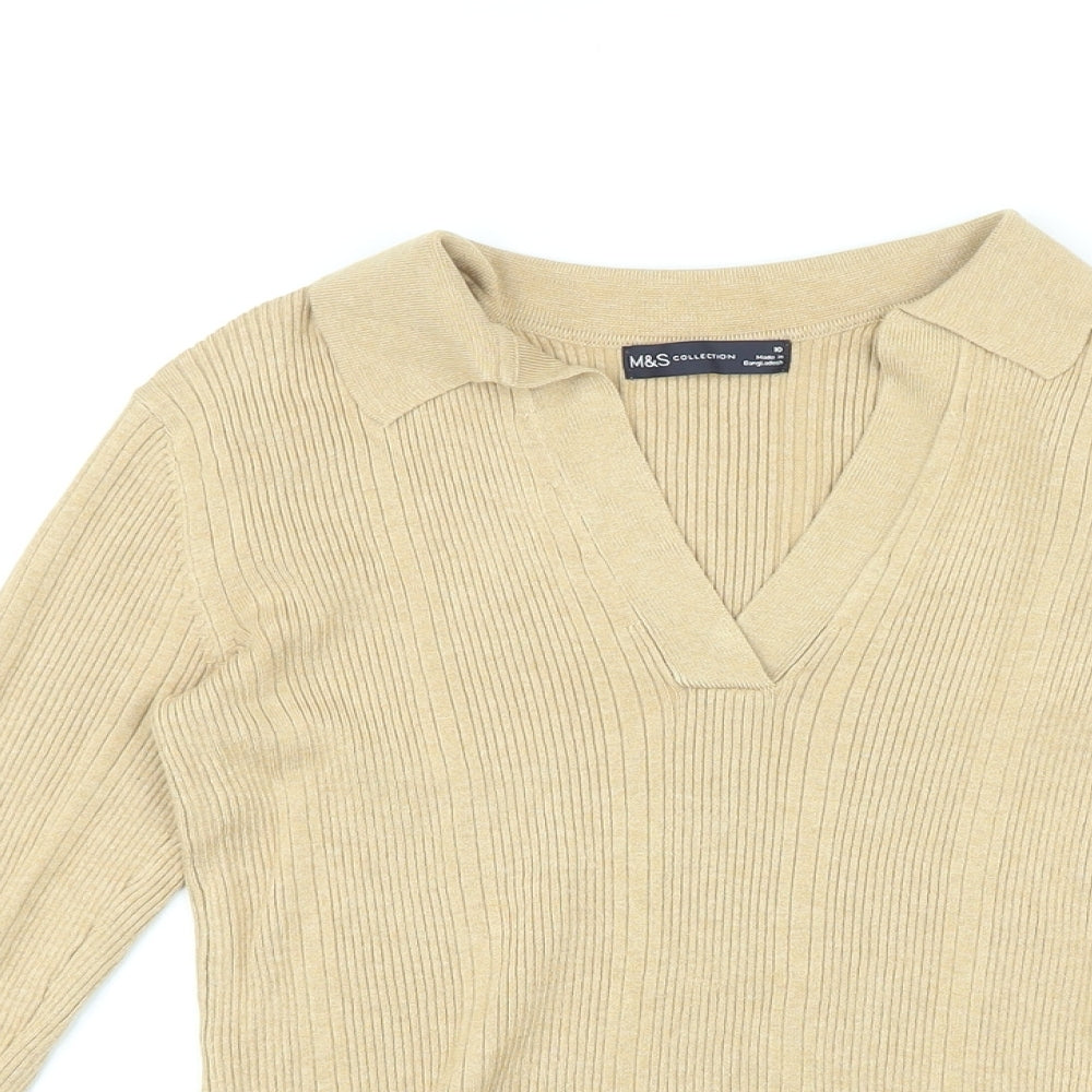 Marks and Spencer Womens Beige Viscose Basic T-Shirt Size 10 Collared