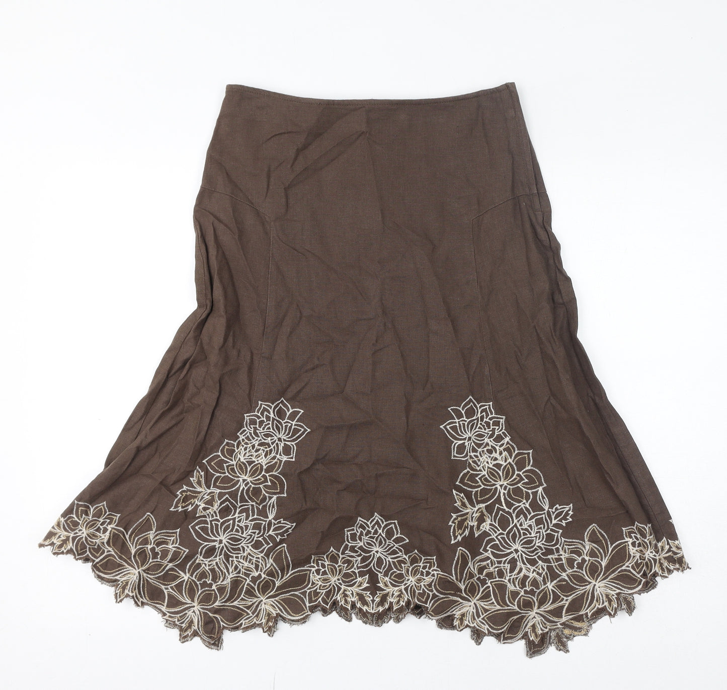NEXT Womens Brown Linen A-Line Skirt Size 8 Zip - Embroidered Flowers