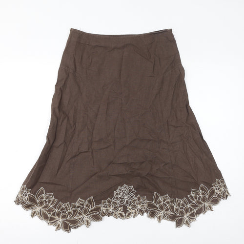NEXT Womens Brown Linen A-Line Skirt Size 8 Zip - Embroidered Flowers