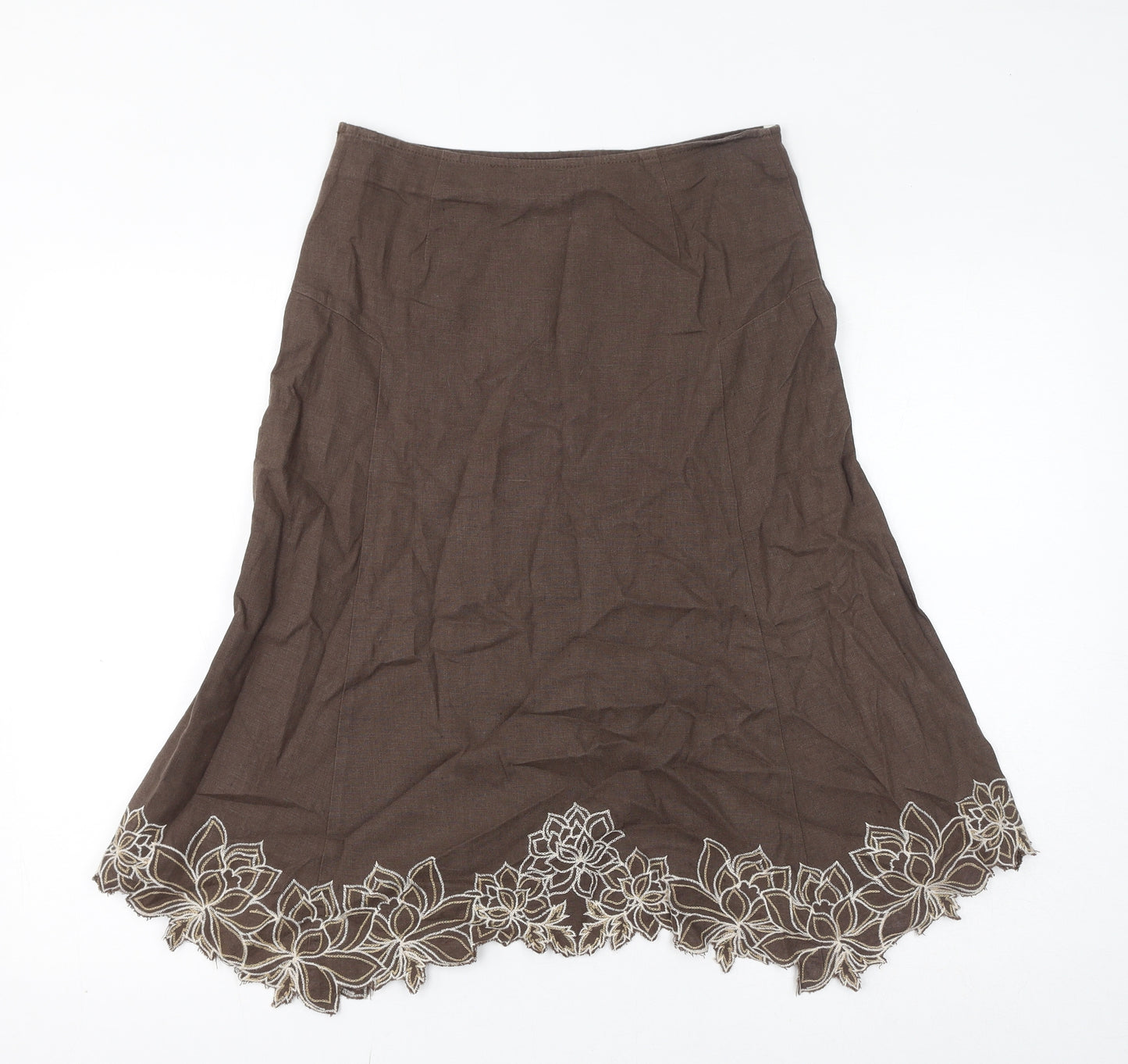 NEXT Womens Brown Linen A-Line Skirt Size 8 Zip - Embroidered Flowers