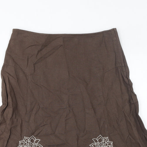 NEXT Womens Brown Linen A-Line Skirt Size 8 Zip - Embroidered Flowers