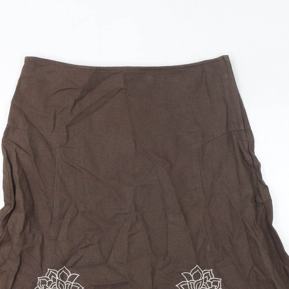 NEXT Womens Brown Linen A-Line Skirt Size 8 Zip - Embroidered Flowers