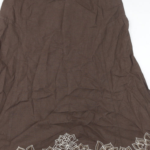 NEXT Womens Brown Linen A-Line Skirt Size 8 Zip - Embroidered Flowers