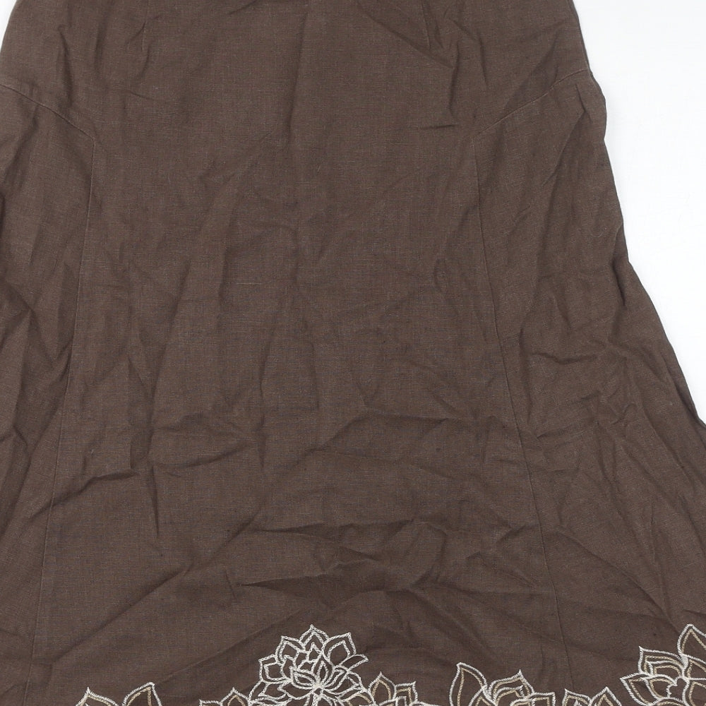 NEXT Womens Brown Linen A-Line Skirt Size 8 Zip - Embroidered Flowers