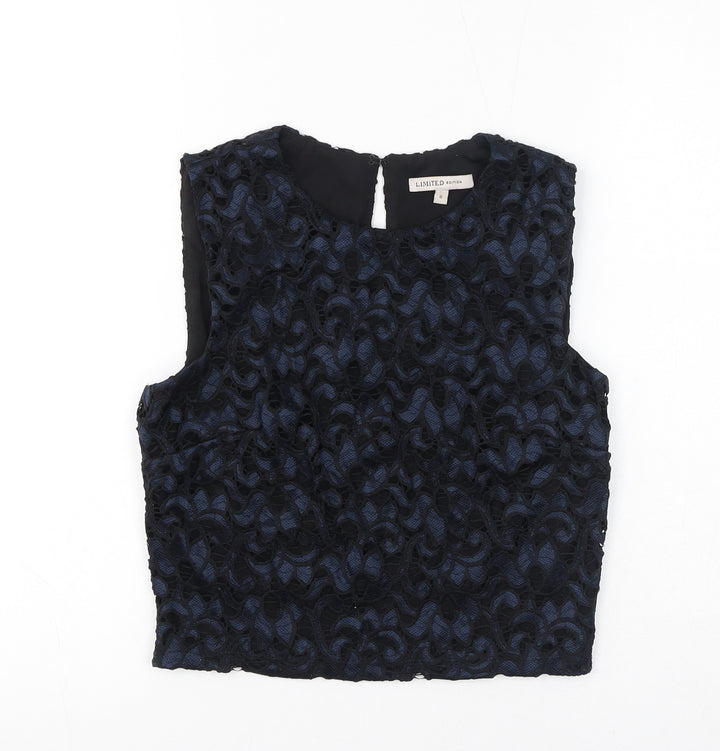 Marks and Spencer Womens Black Polyamide Cropped Tank Size 6 Round Neck - Crochet Overlay