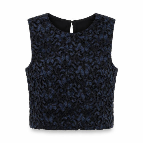 Marks and Spencer Womens Black Polyamide Cropped Tank Size 6 Round Neck - Crochet Overlay