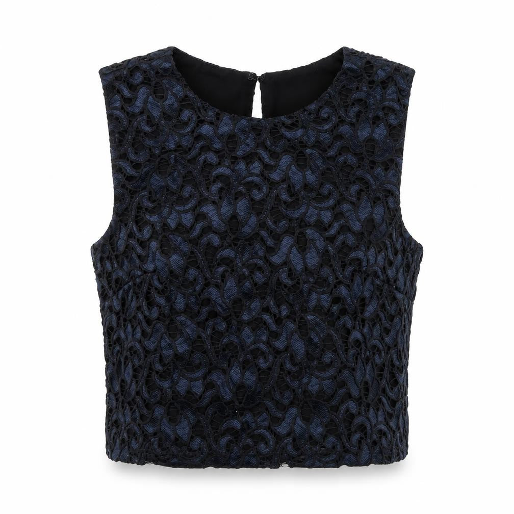 Marks and Spencer Womens Black Polyamide Cropped Tank Size 6 Round Neck - Crochet Overlay