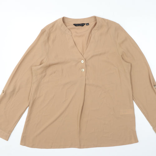 Dorothy Perkins Womens Brown Polyester Basic Blouse Size 14 V-Neck - Roll Up Sleeves