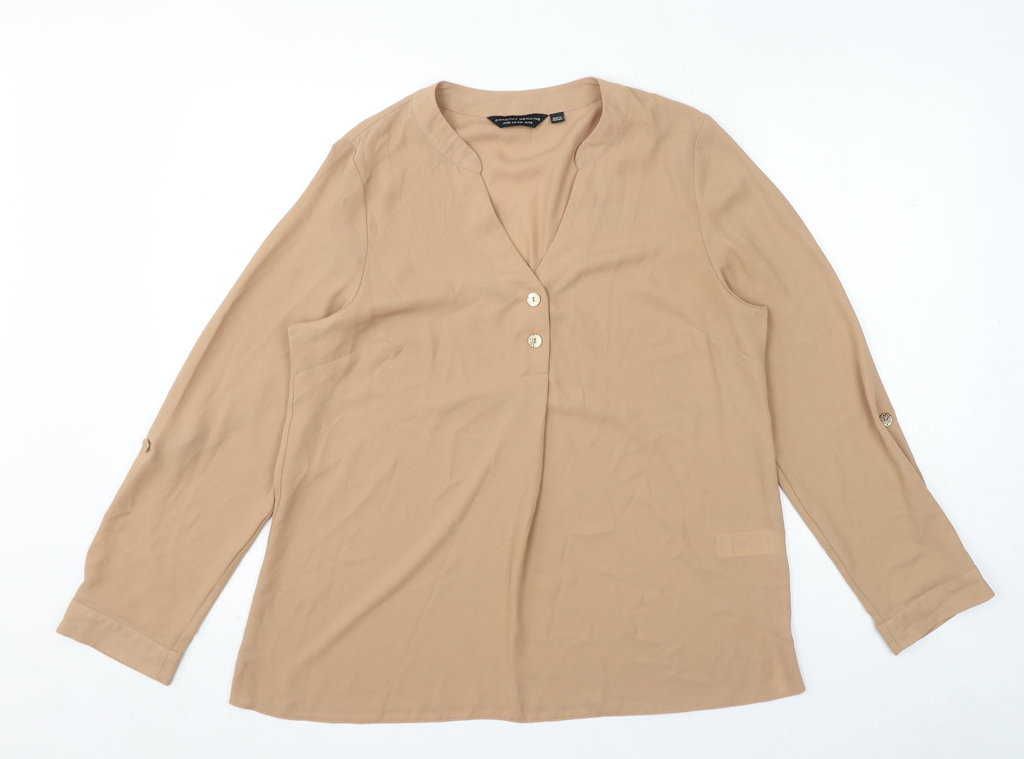 Dorothy Perkins Womens Brown Polyester Basic Blouse Size 14 V-Neck - Roll Up Sleeves