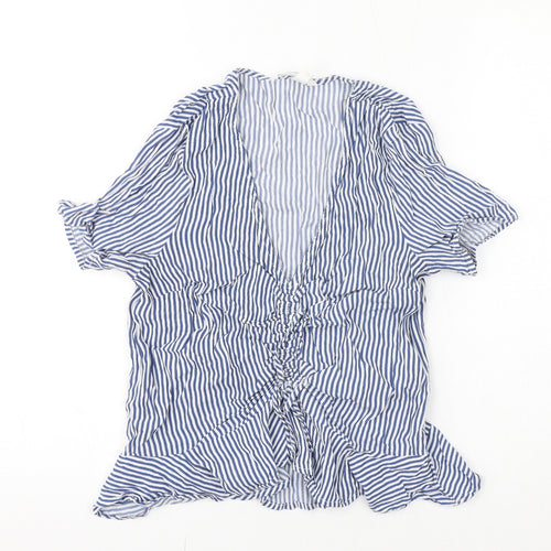 H&M Womens Blue Striped Viscose Basic Blouse Size 8 V-Neck - Rushed Detail