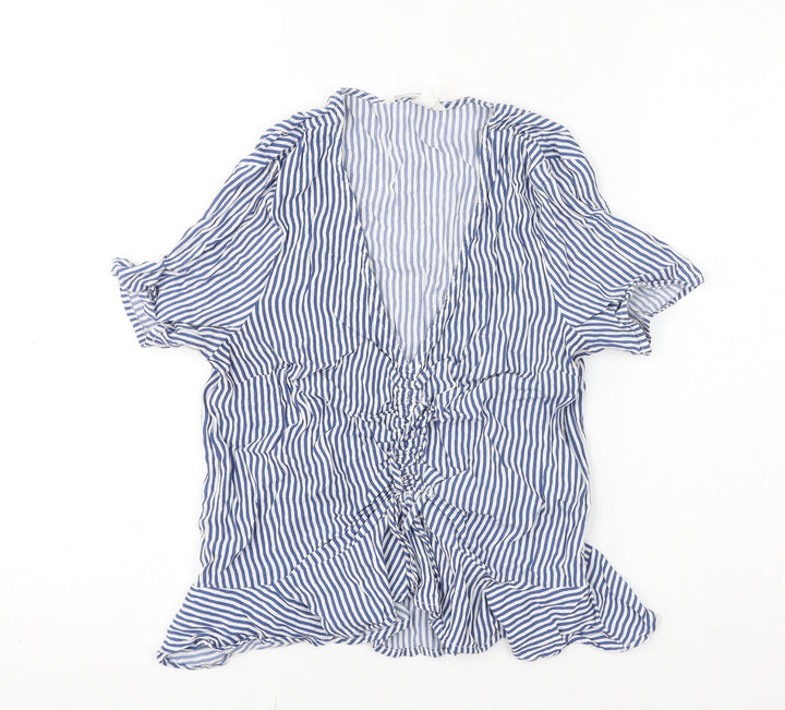 H&M Womens Blue Striped Viscose Basic Blouse Size 8 V-Neck - Rushed Detail