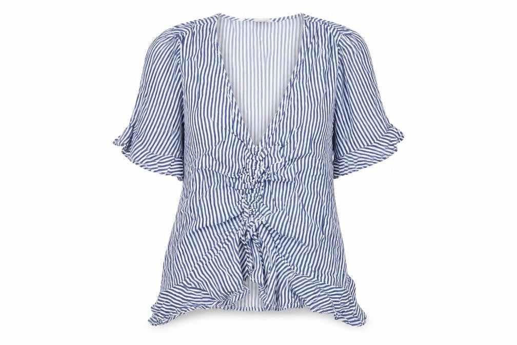 Front view of H&M women’s blue striped viscose basic blouse, size UK 8, v-neck - rushed detail