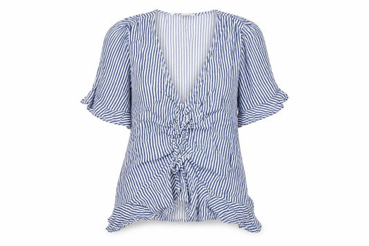 Front view of H&M women’s blue striped viscose basic blouse, size UK 8, v-neck - rushed detail