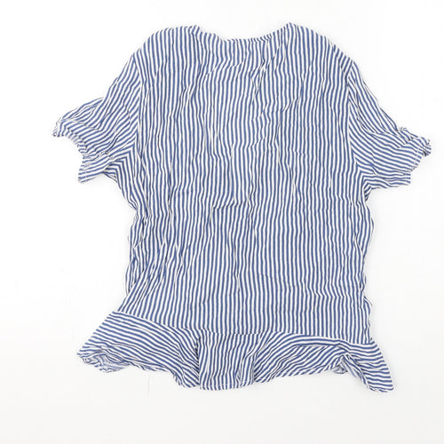 H&M Womens Blue Striped Viscose Basic Blouse Size 8 V-Neck - Rushed Detail
