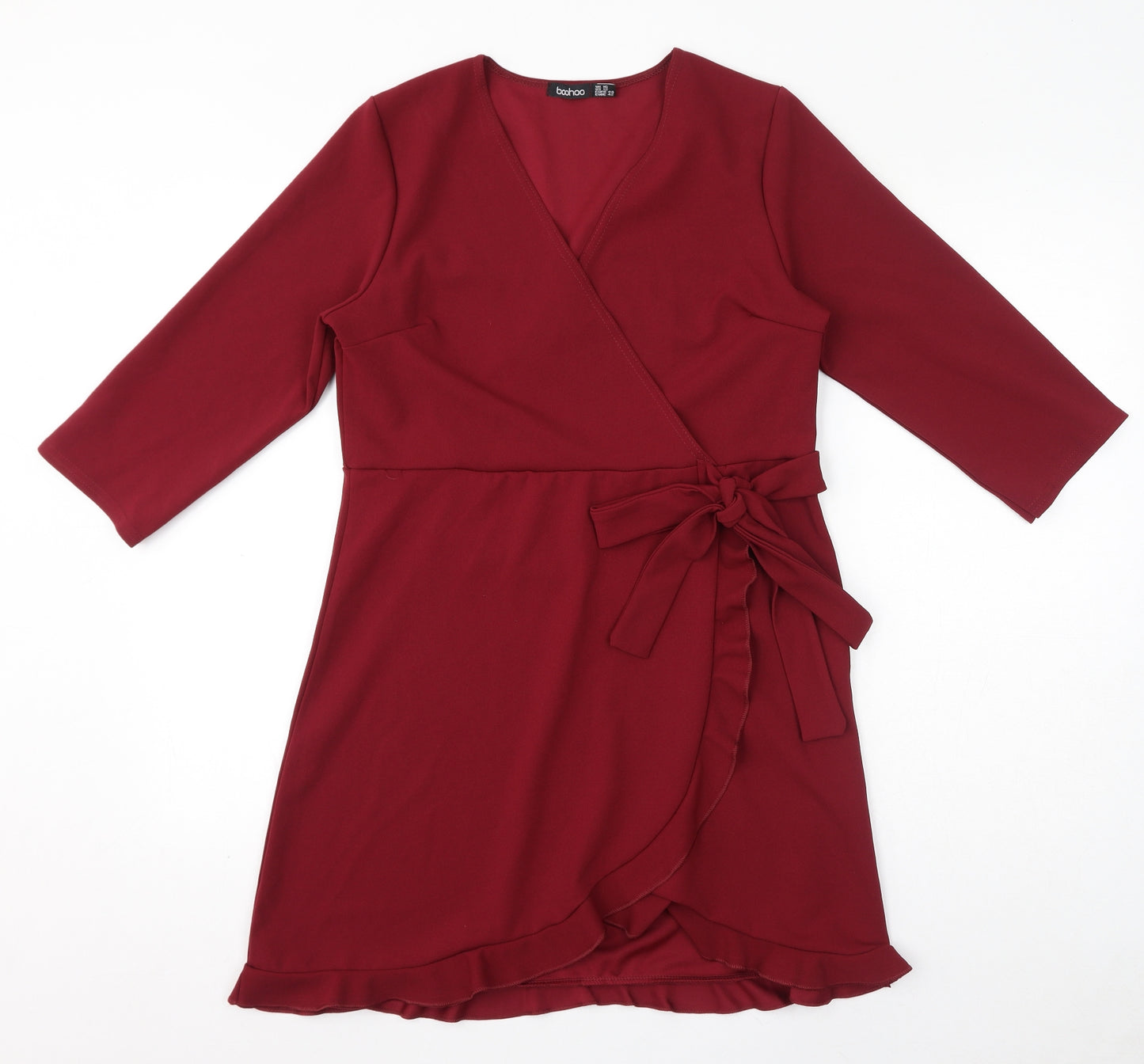 Boohoo Womens Red Polyester A-Line Size 16 V-Neck Pullover - Ruffles