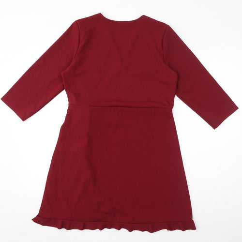 Boohoo Womens Red Polyester A-Line Size 16 V-Neck Pullover - Ruffles