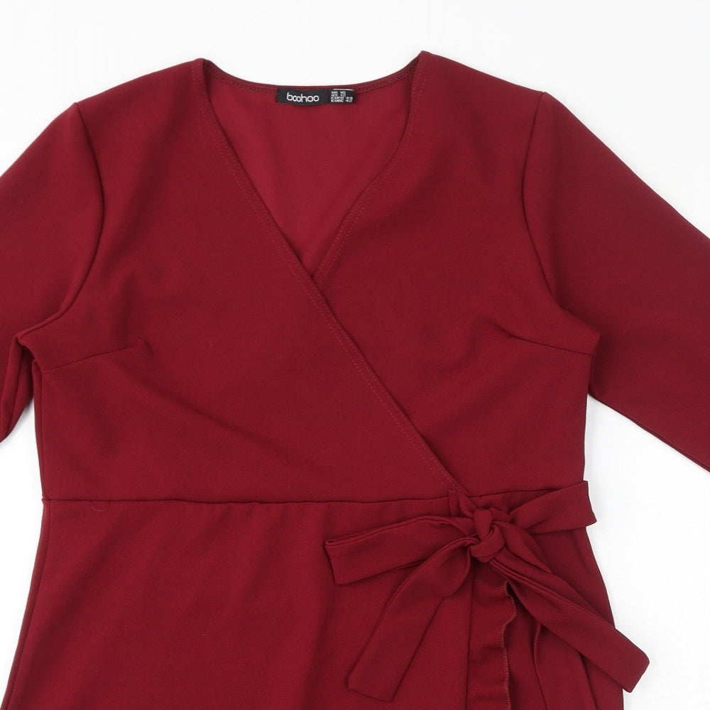 Boohoo Womens Red Polyester A-Line Size 16 V-Neck Pullover - Ruffles