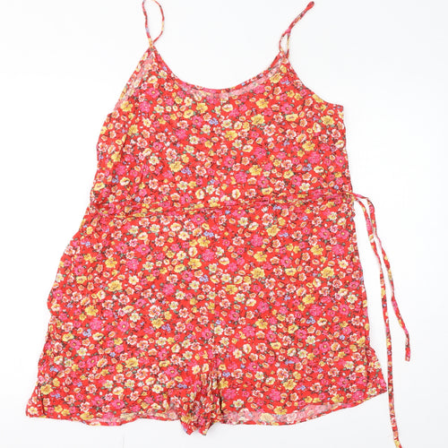 New Look Womens Red Floral Vinyl Playsuit One-Piece Size 16 Pullover