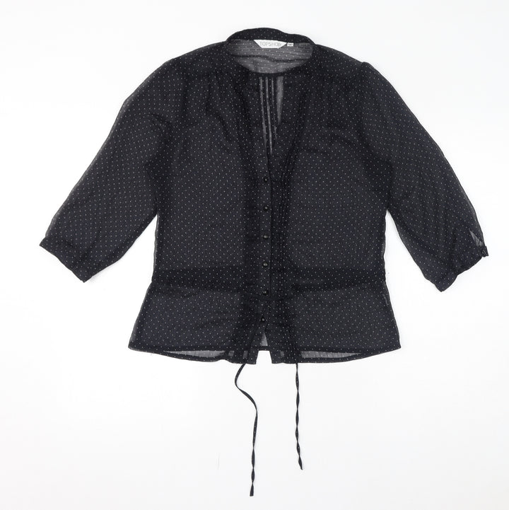 Topshop Womens Black Polka Dot Polyester Basic Button-Up Size 12 V-Neck - Sheer