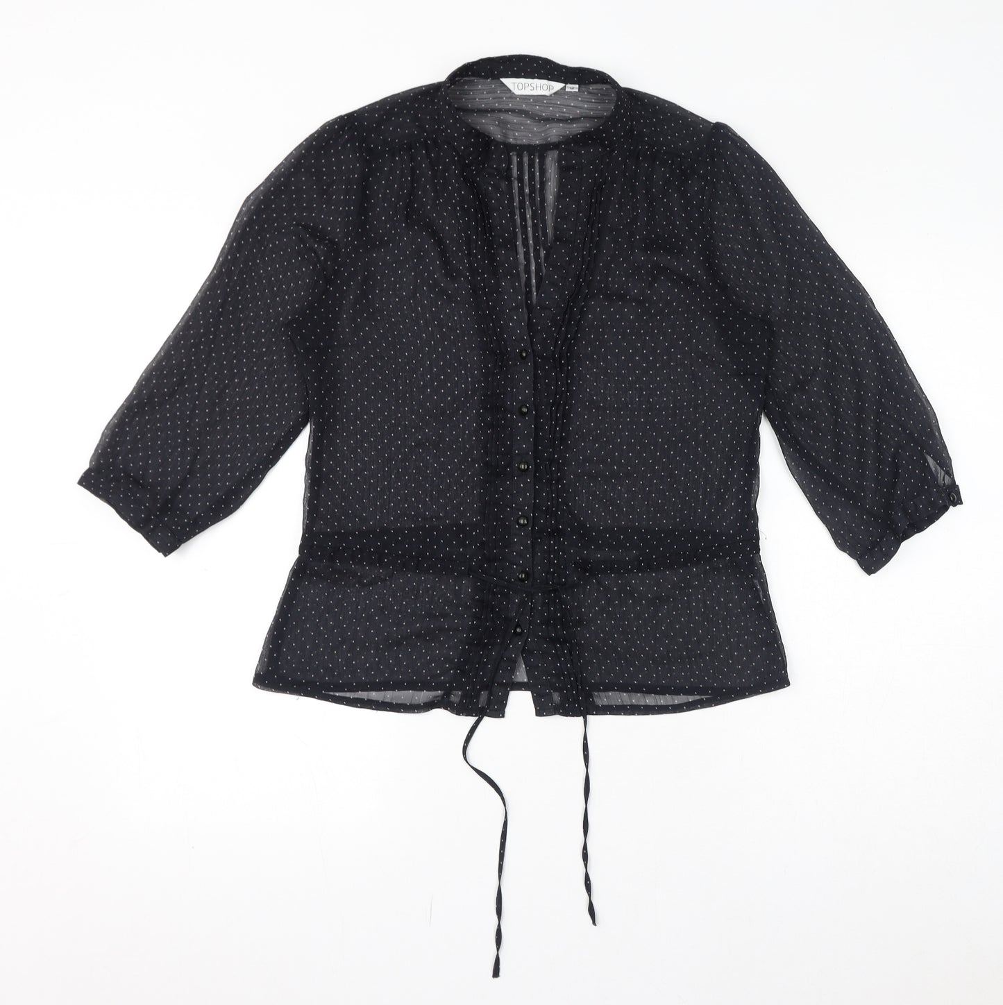 Topshop Womens Black Polka Dot Polyester Basic Button-Up Size 12 V-Neck - Sheer