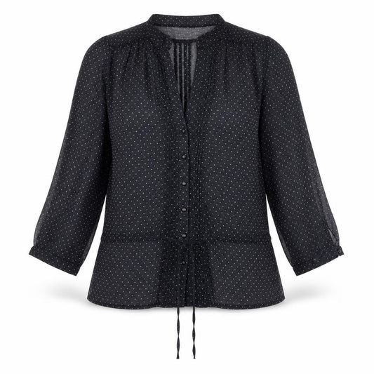 Front view of Topshop women’s black polka dot polyester basic button-up, size UK 12, v-neck - sheer