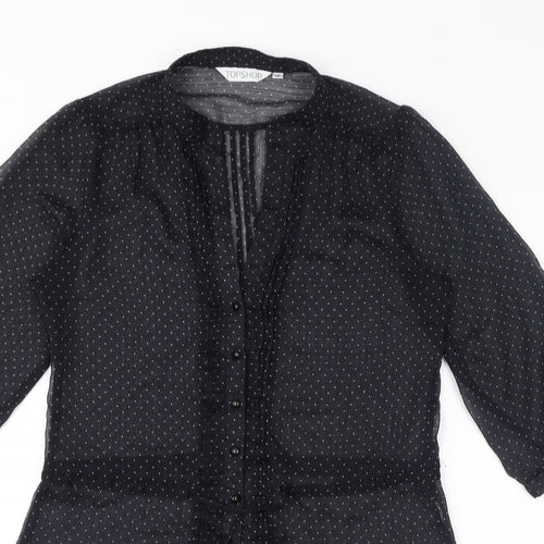 Topshop Womens Black Polka Dot Polyester Basic Button-Up Size 12 V-Neck - Sheer