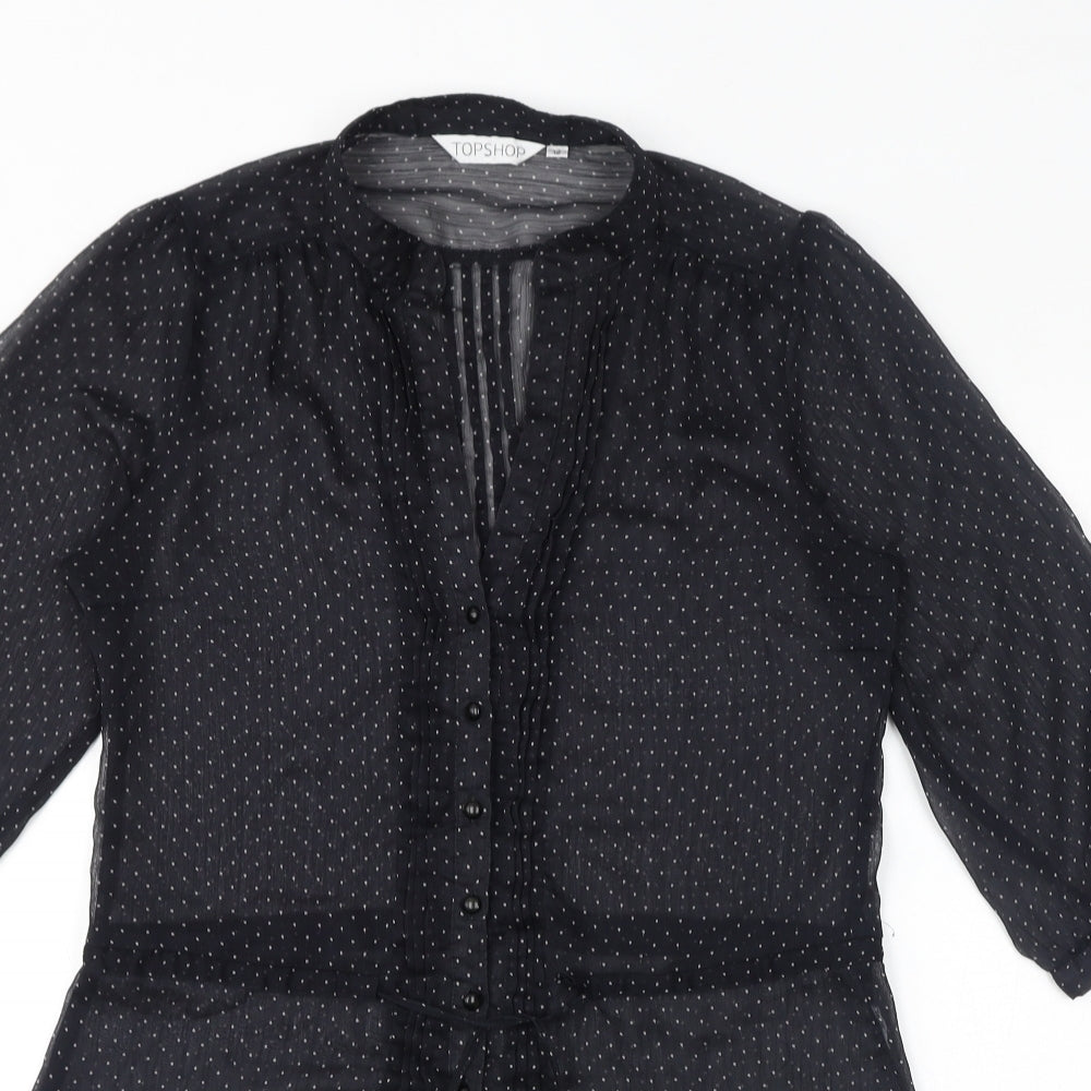 Topshop Womens Black Polka Dot Polyester Basic Button-Up Size 12 V-Neck - Sheer