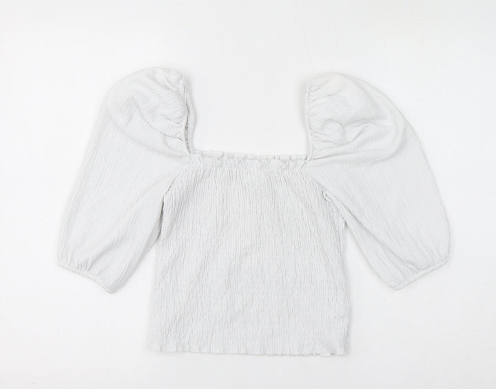 H&M Womens White Polyester Cropped Blouse Size S Square Neck - Shirred