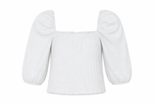 Front view of H&M women’s white polyester cropped blouse, size S, square neck - shirred