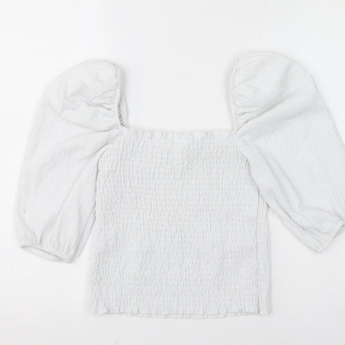 H&M Womens White Polyester Cropped Blouse Size S Square Neck - Shirred