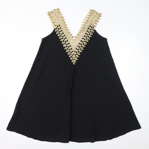 BISOU BISOU Womens Black Polyester Mini Size S V-Neck Pullover - Size S/M, Crochet Details