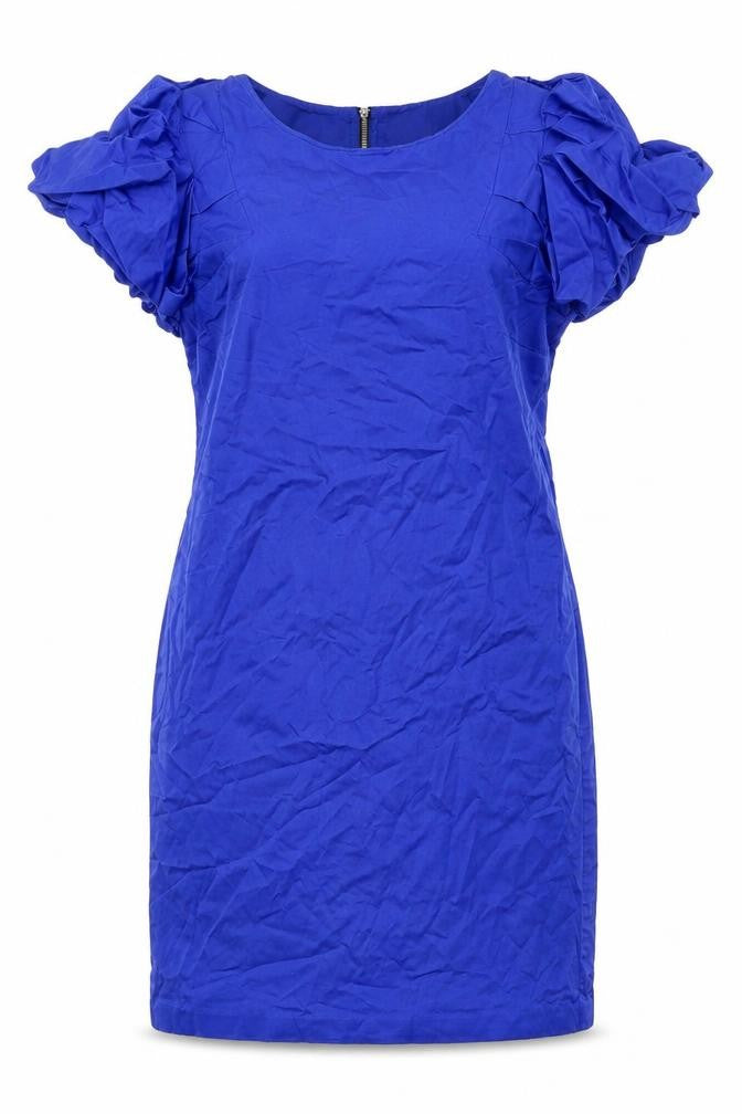 Front view of Oasis women’s blue cotton shift, size UK 10, round neck zip - pockets