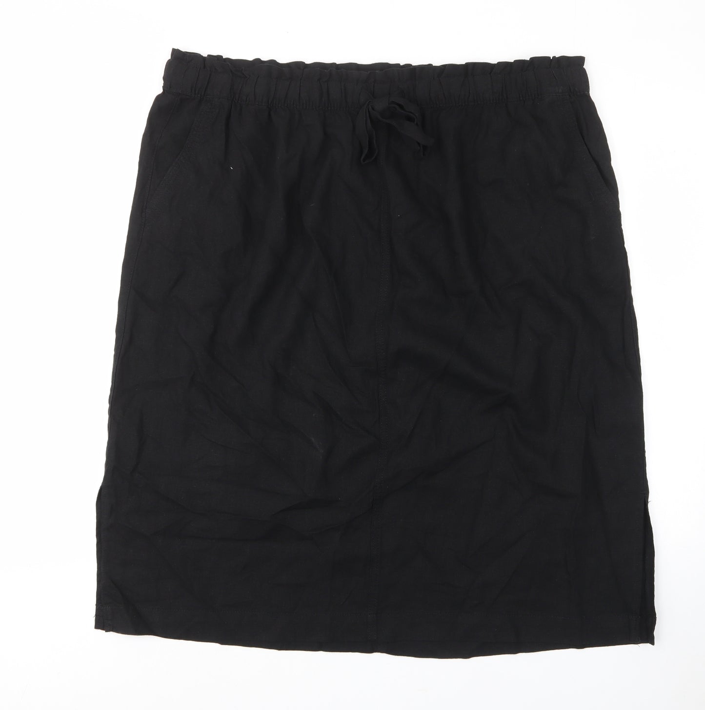 Marks and Spencer Womens Black Linen A-Line Skirt Size 24 Drawstring - Pockets, Elastic waist