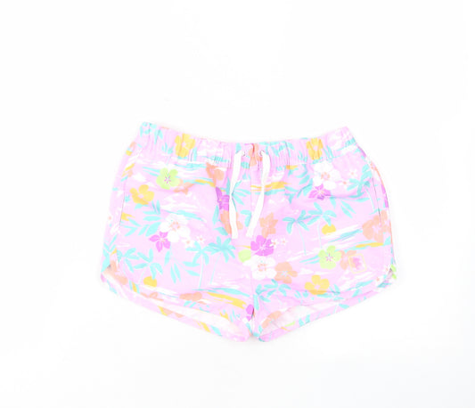 Marks and Spencer Girls Purple Floral Polyester Sweat Shorts Size 8-9 Years Regular Drawstring - Elastic waist
