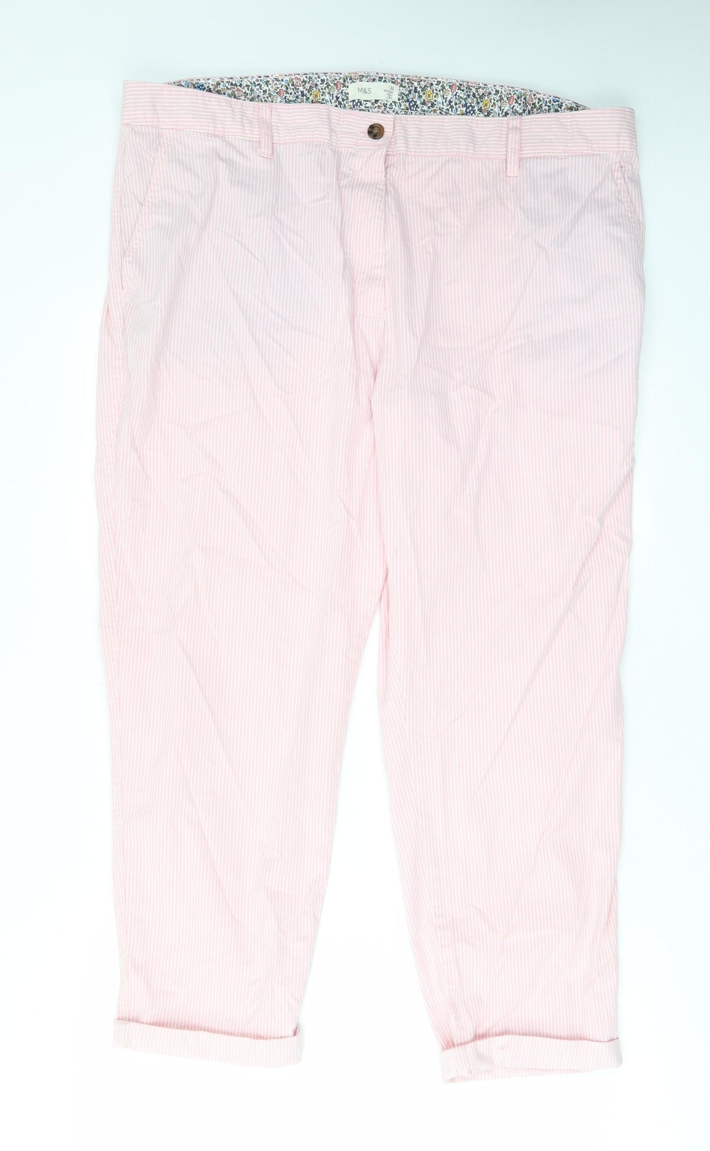 Marks and Spencer Womens Pink Striped Cotton Chino Trousers Size 20 L25 in Regular Zip - Pockets, Belt Loops