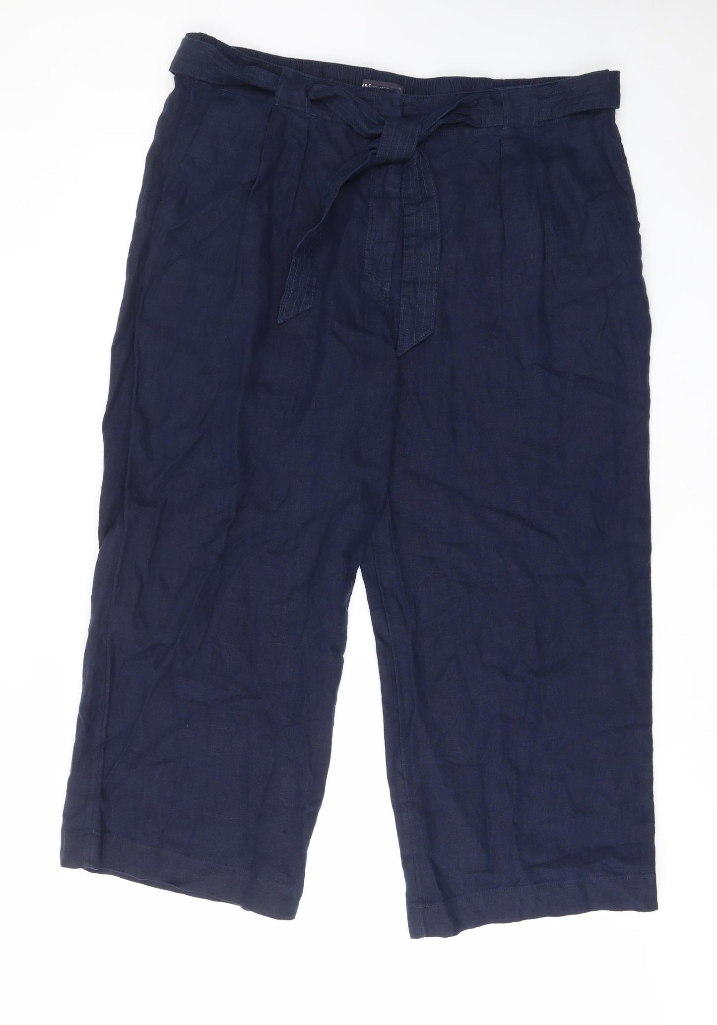 Marks and Spencer Womens Blue Linen Trousers Size 22 L28 in Regular Drawstring - Pockets, Belt Loops, Pleated