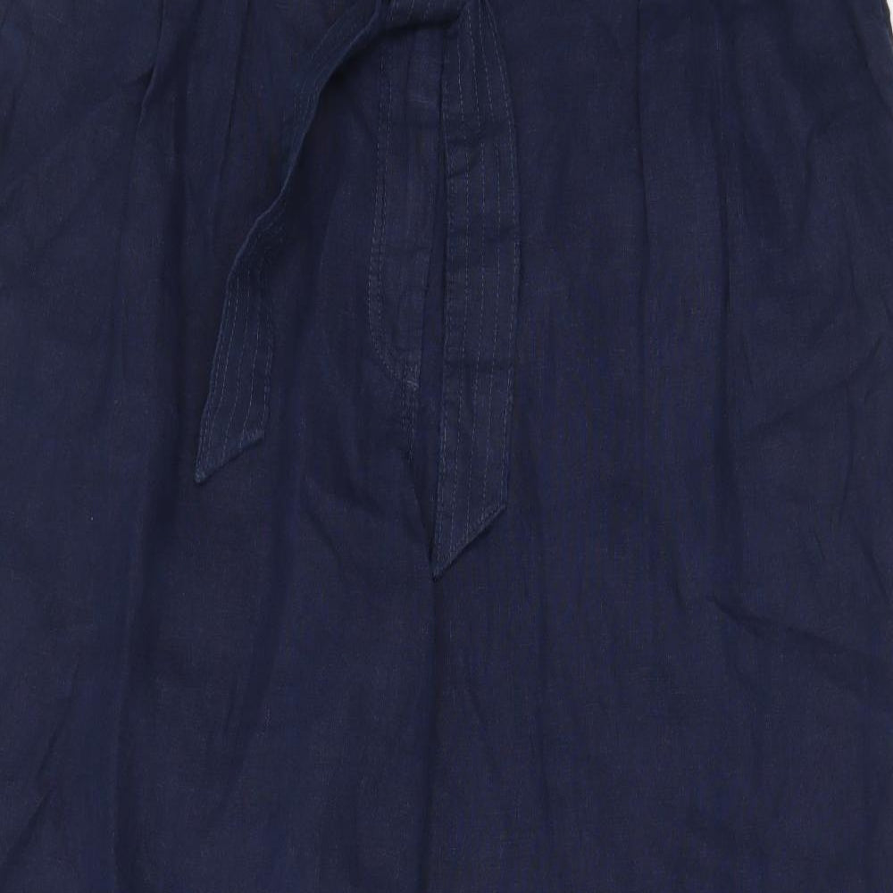 Marks and Spencer Womens Blue Linen Trousers Size 22 L28 in Regular Drawstring - Pockets, Belt Loops, Pleated