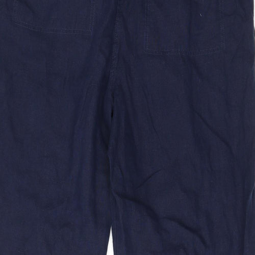 Marks and Spencer Womens Blue Linen Trousers Size 22 L28 in Regular Drawstring - Pockets, Belt Loops, Pleated