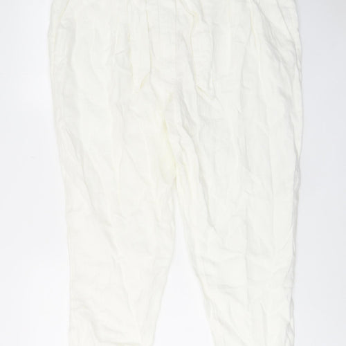 Marks and Spencer Womens White Linen Trousers Size 22 L26 in Regular Hook & Eye - Pockets, Belt Loops, Pleated