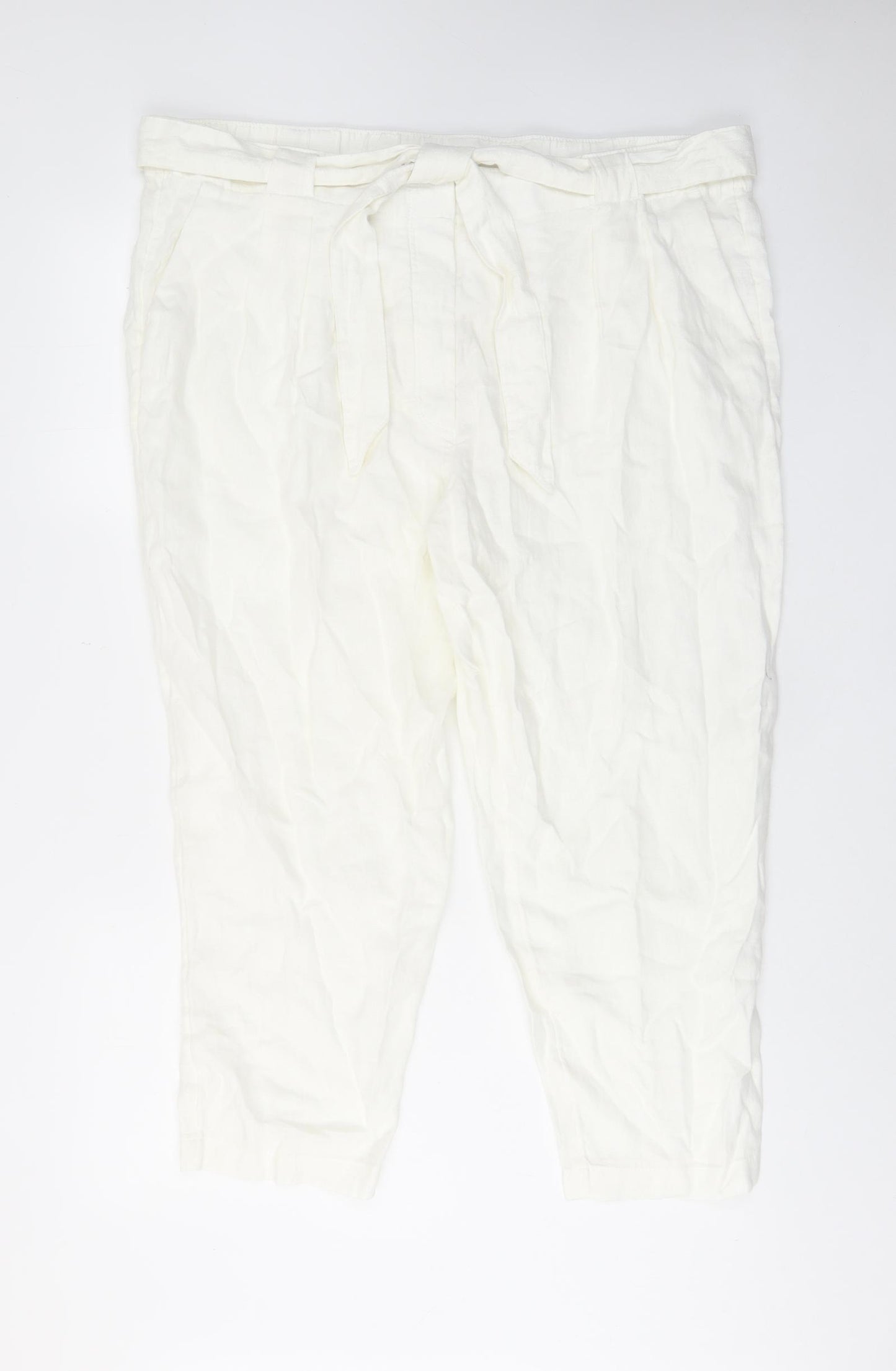 Marks and Spencer Womens White Linen Trousers Size 22 L26 in Regular Hook & Eye - Pockets, Belt Loops, Pleated