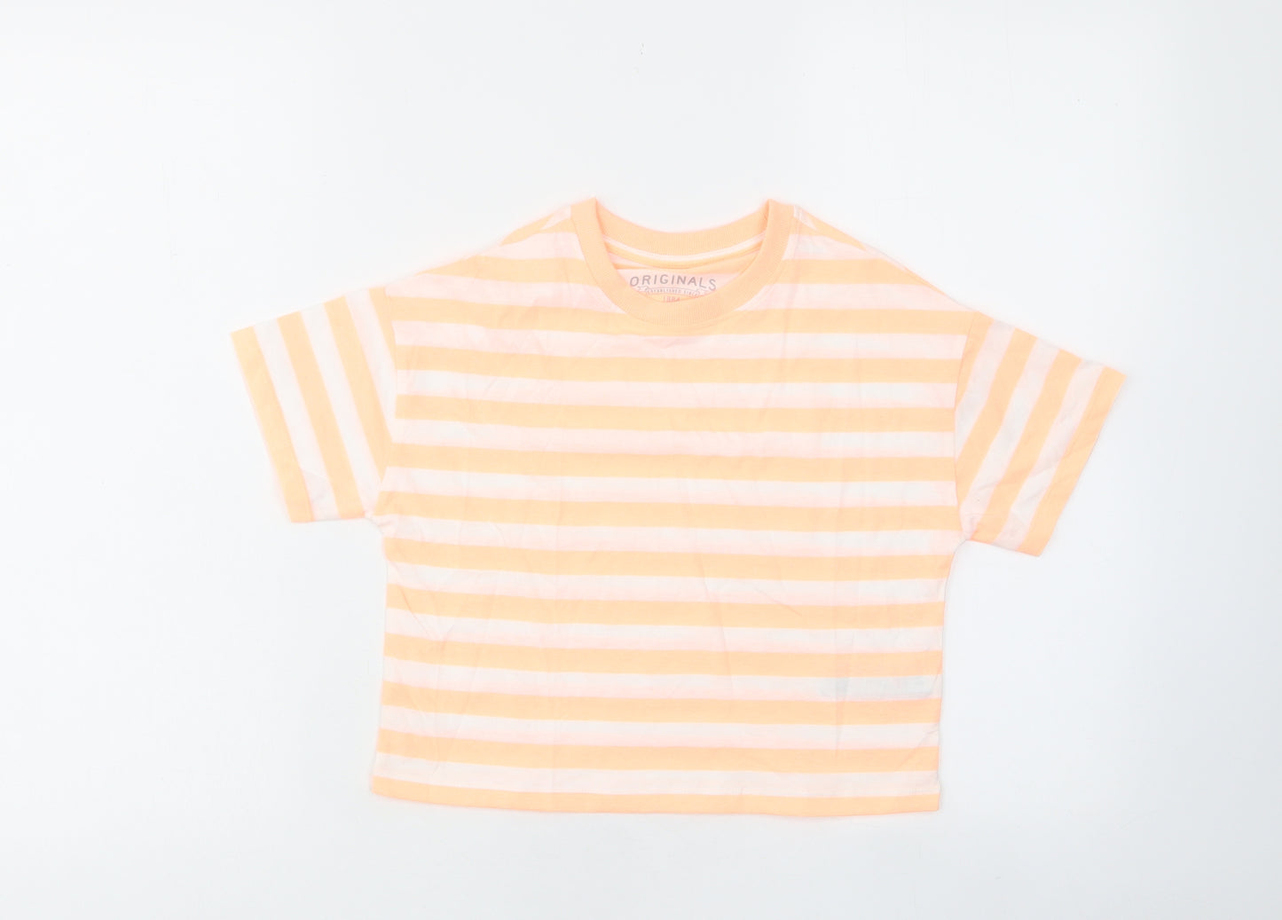 Marks and Spencer Boys Orange Striped Camel Basic T-Shirt Size 7-8 Years Crew Neck Pullover