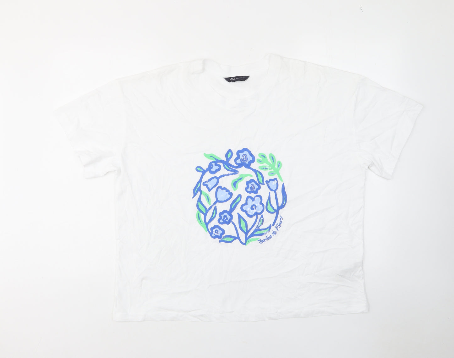 Marks and Spencer Womens White Floral Cotton Basic T-Shirt Size 18 Crew Neck - Flowers
