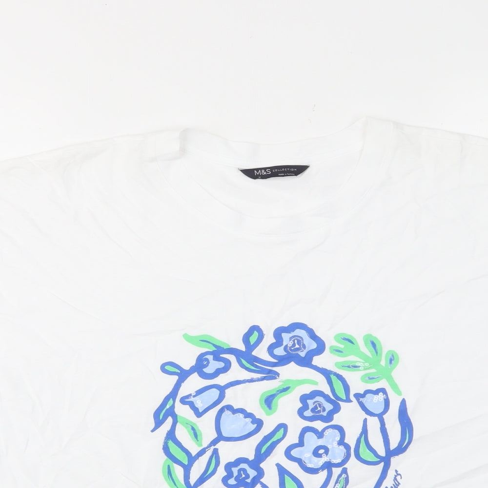 Marks and Spencer Womens White Floral Cotton Basic T-Shirt Size 18 Crew Neck - Flowers