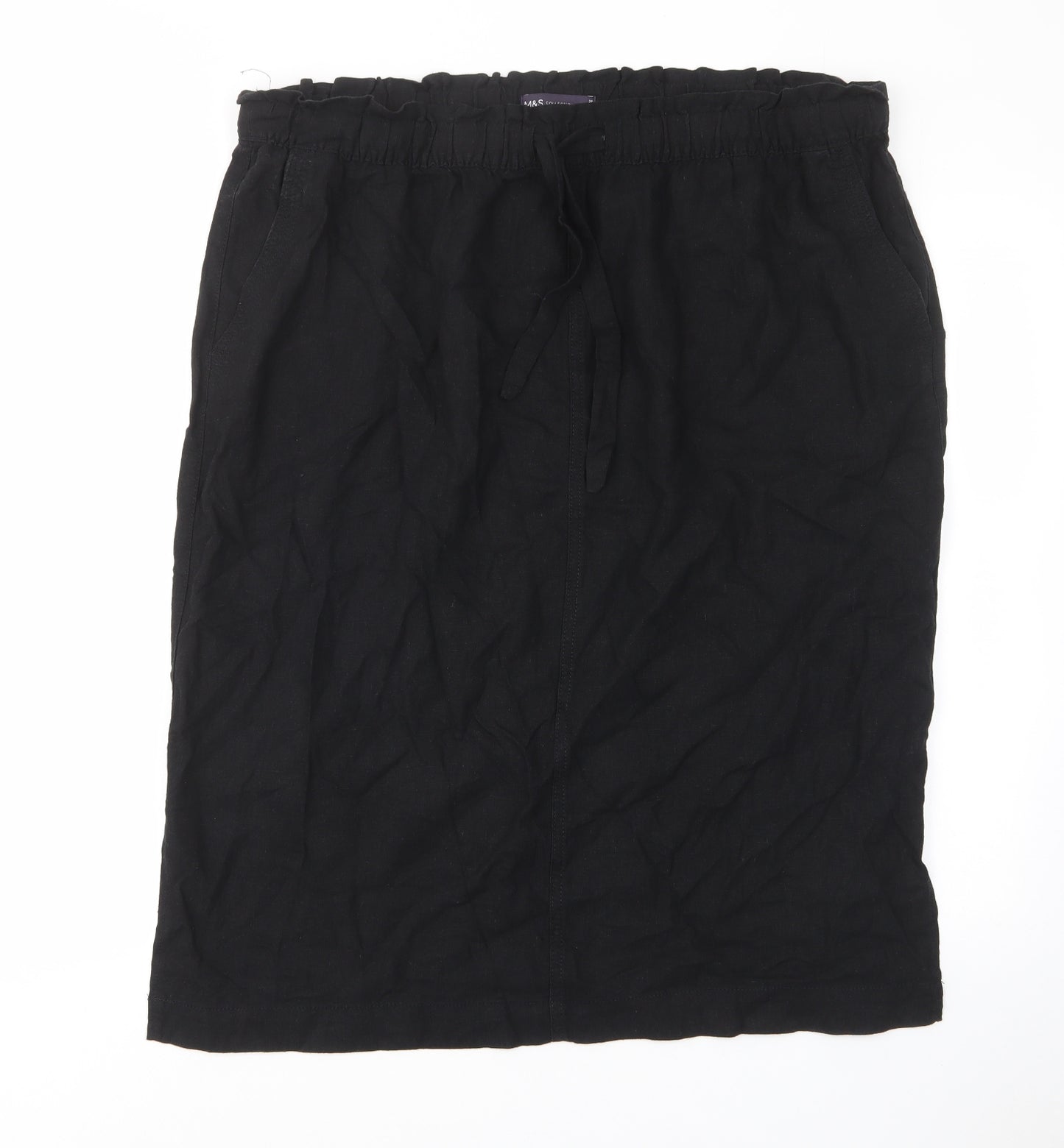 Marks and Spencer Womens Black Linen A-Line Skirt Size 20 Drawstring - Elastic waist, Pockets