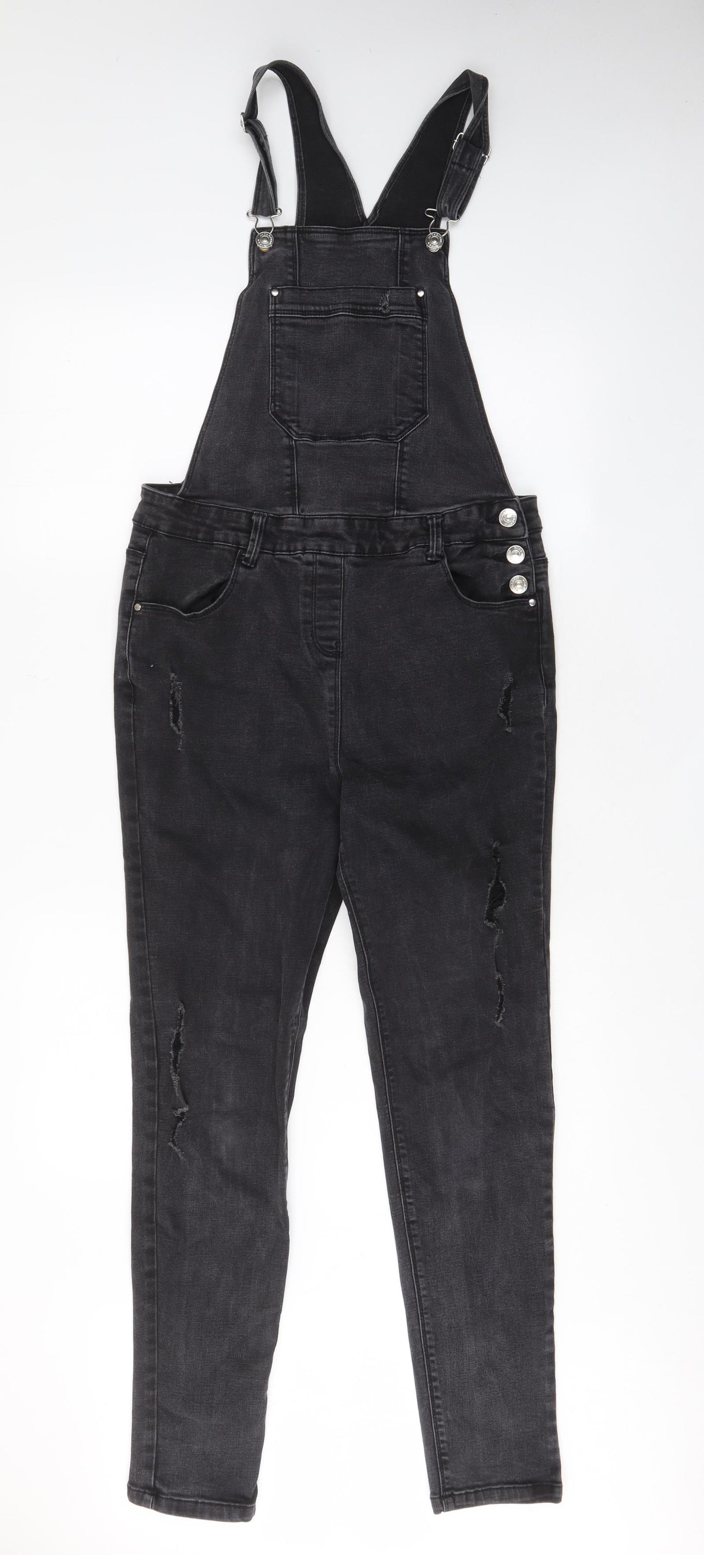 Papaya Womens Grey Cotton Dungaree One-Piece Size 12 L28 in Button - Pockets, Belt Loops, Buckle, Distressed