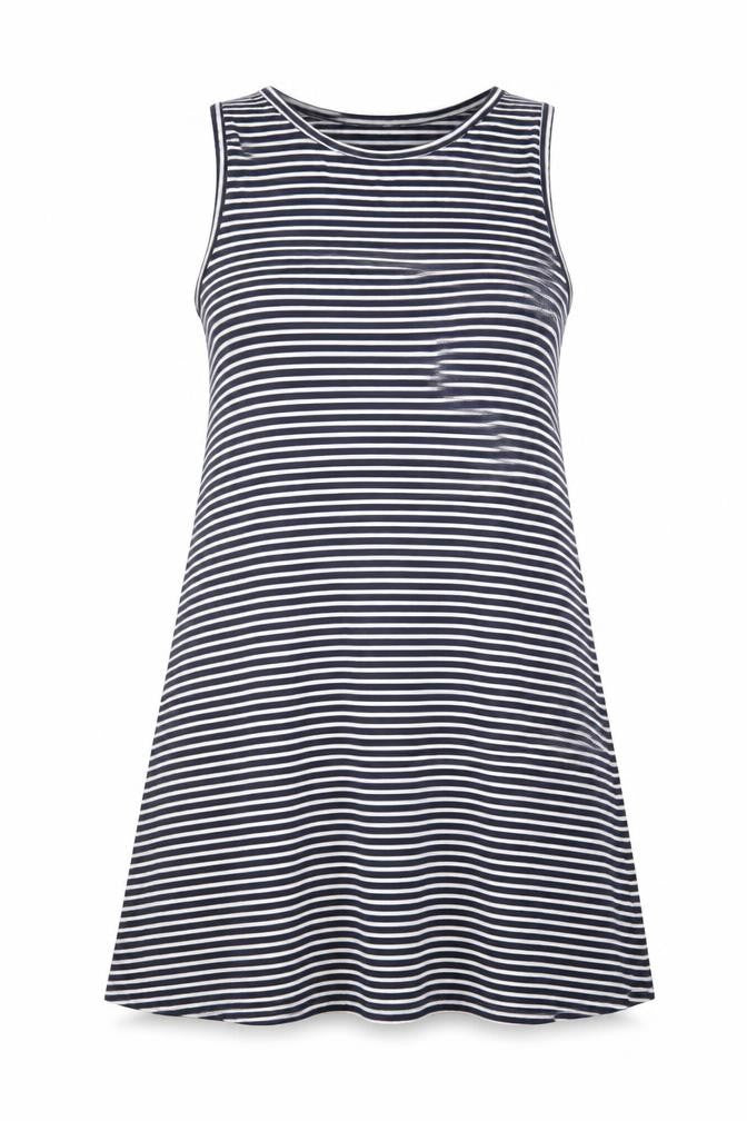 Front view of Gap women’s blue striped viscose a-line, size S, crew neck pullover - stretch