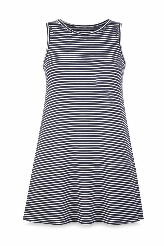 Front view of Gap women’s blue striped viscose a-line, size S, crew neck pullover - stretch